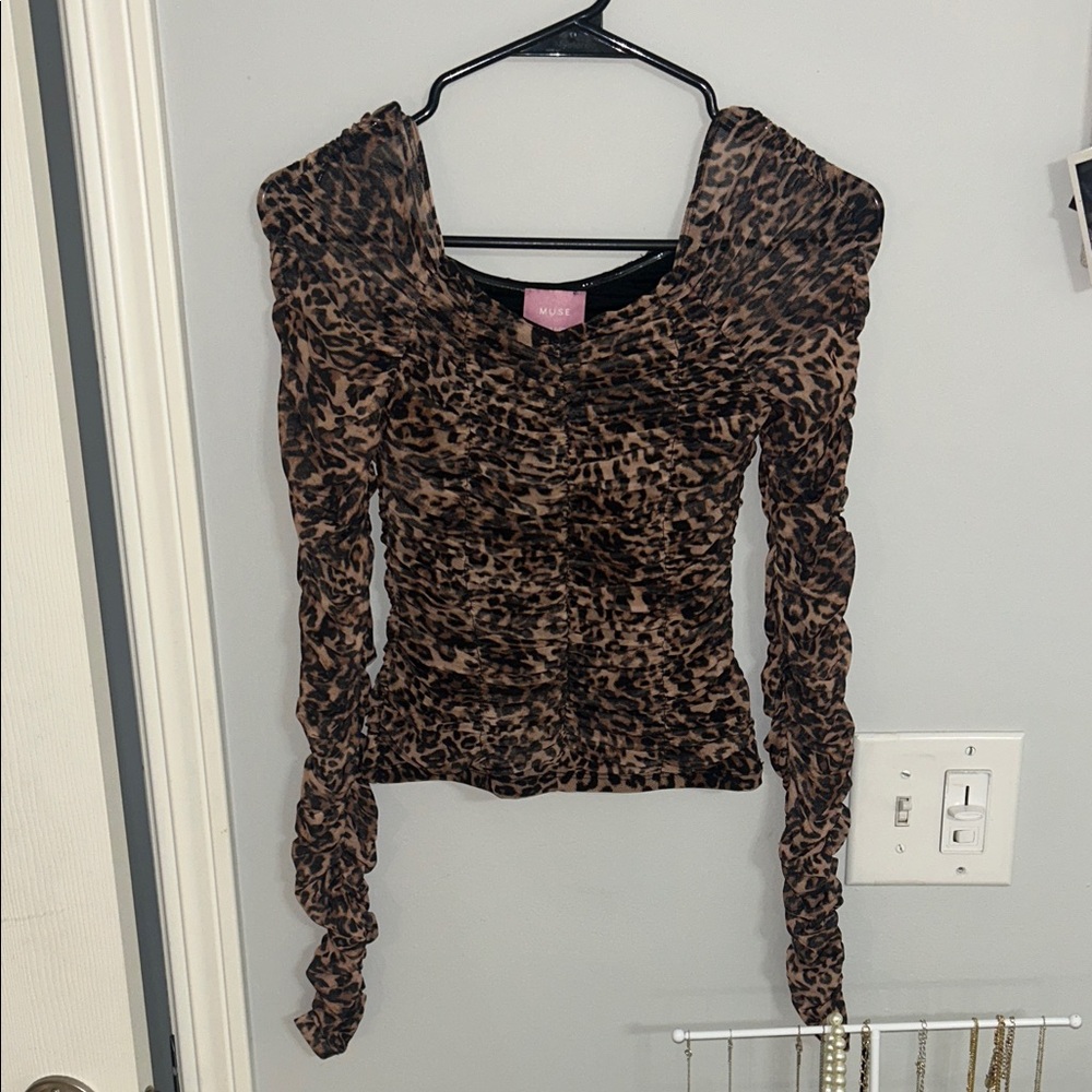 Muse Leopard Print Ruched Long Sleeve Top in Brown and Black